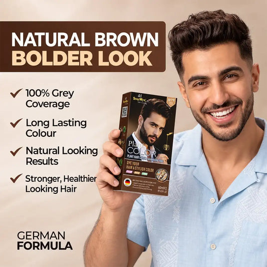 Man holding StayMyx 5/77 Medium Brown hair color box, featuring German formula, grey coverage and natural-looking brown hair results.