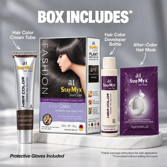 StayMyx 6/11 Pearl Grey Plant Hair Color kit featuring hair dye cream, developer bottle, after-color hair mask and protective gloves. Ammonia-free formula.