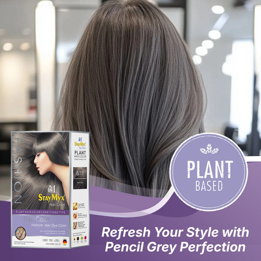 StayMyx 6/11 Pencil Grey Hair Color Result, Plant-Based Permanent Dye for Metallic Ash Hair Style, Professional Ammonia-Free Silver Grey Finish with Long-Lasting Shine.
