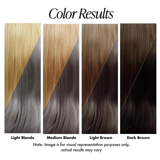 StayMyx Ash Hair Color Results Comparison Chart, Showing Silver Grey and Cool-Tone Effects on Light Blonde, Medium Blonde, Light Brown, and Dark Brown Hair Bases.