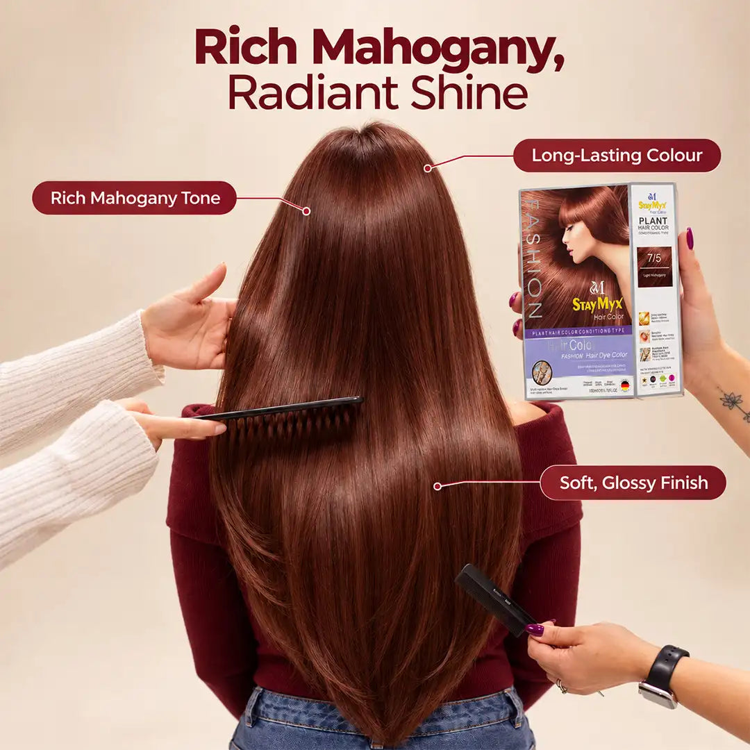 Model with long, shiny light mahogany hair showcasing StayMyx 7/5 Light Mahogany Hair Color, featuring a rich reddish-brown tone, long-lasting color, and a soft, glossy finish.
