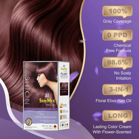 StayMyx Plant Hair Color in 7-75 Warm Heather; a professional conditioning German formula designed for radiant warm results, ultra-soft deep shine, and a comfortable application without skin staining.