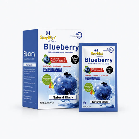 StayMyx Blueberry Hair Color in Mahogany Red shade, featuring German formula and ammonia-free hair dyeing technology.