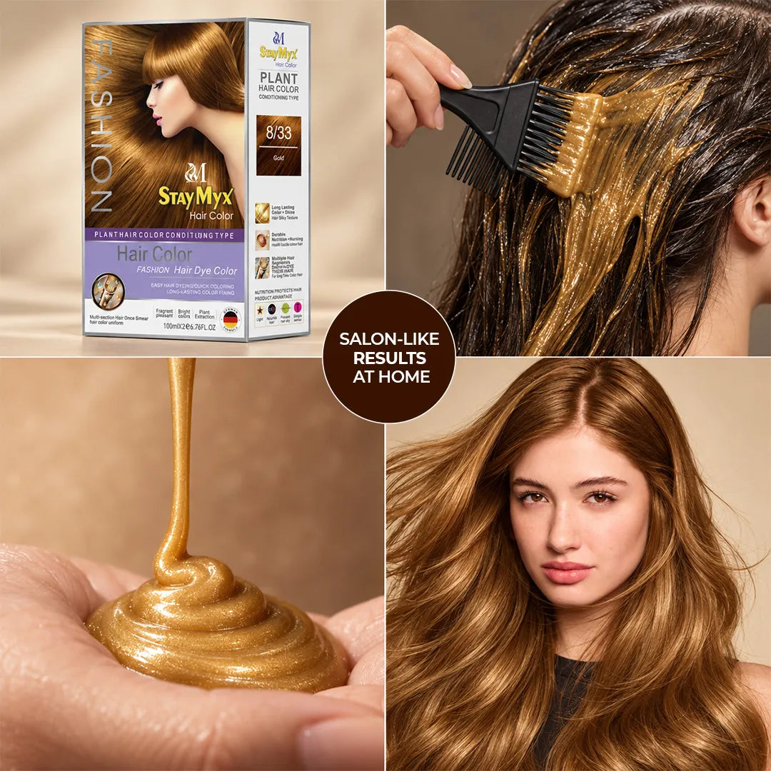 StayMyx 8/33 Gold hair color showing golden hair dye application, creamy hair color texture, and glossy golden brown hair results for a salon-inspired look at home.