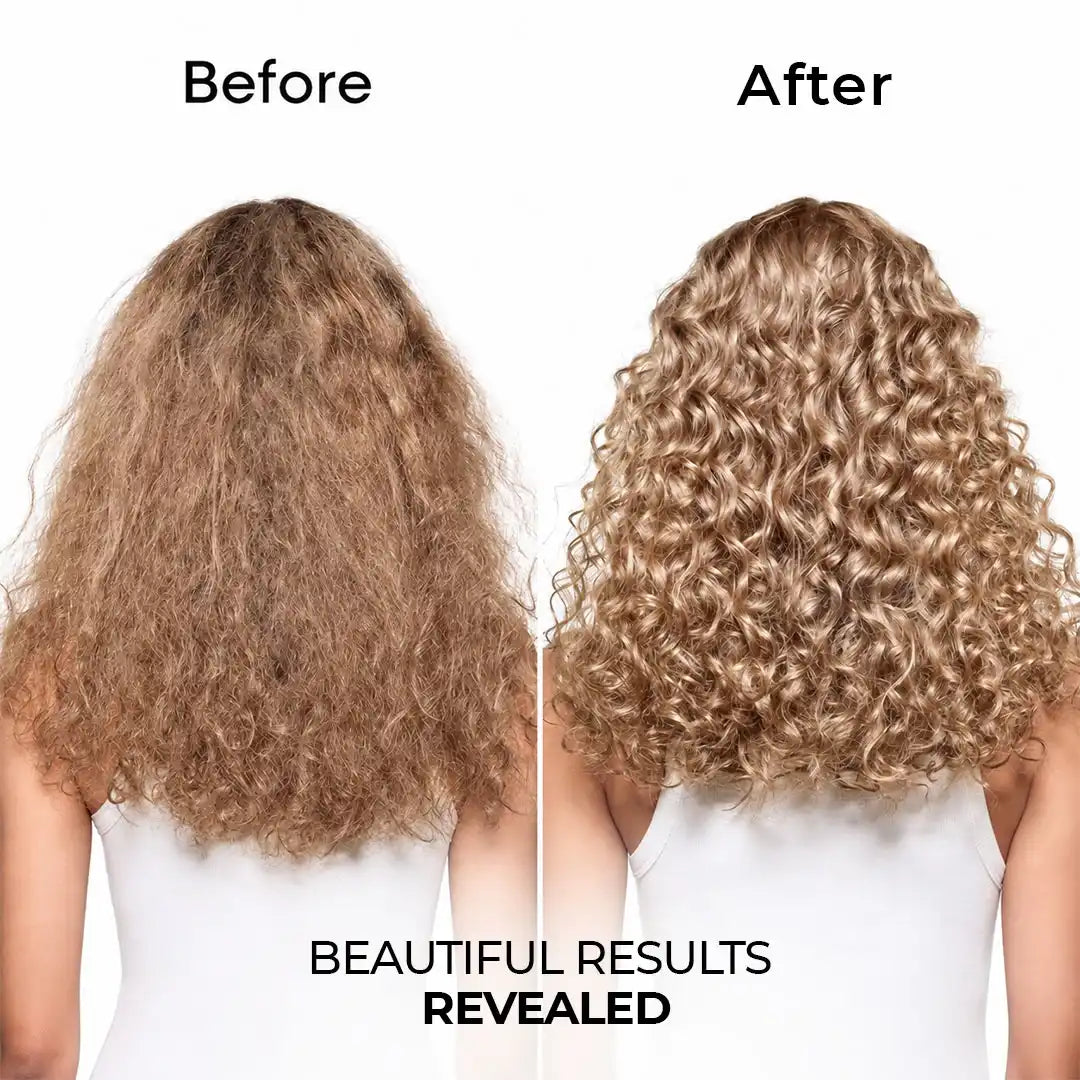 Before and after comparison of curly hair showing a frizzy, dull appearance on the left and defined, shiny, smoother-looking curls on the right in a StayMyx hair color promotional image.