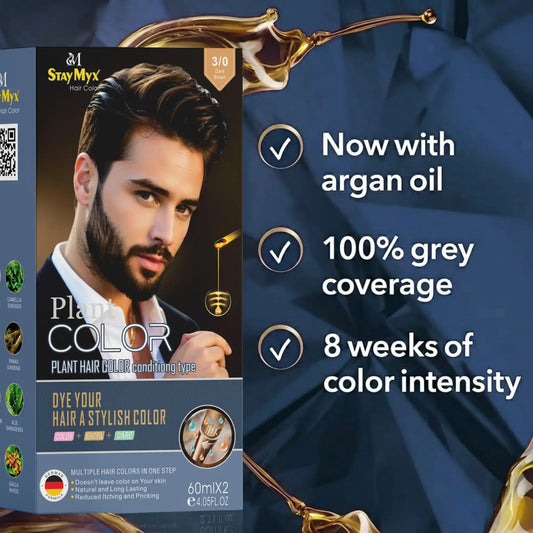 StayMyx Men's 3/0 Dark Brown Plant Hair Color with Argan Oil, 100% Grey Coverage and 8 Weeks of Color Intensity, Ammonia-Free German Formula for Natural Hair and Beard Dye.