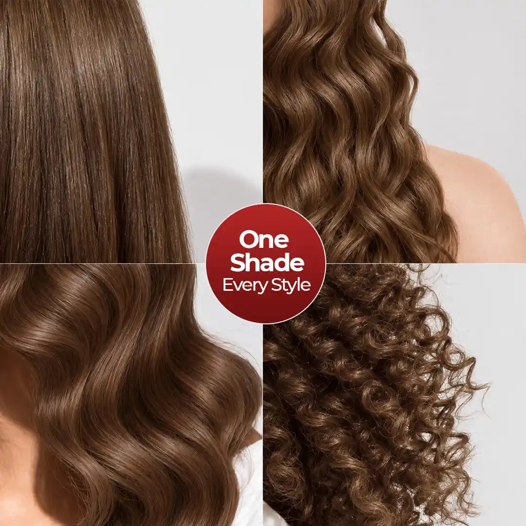 StayMyx medium brown hair color showcased on four hairstyles, including straight, wavy and curly hair, highlighting rich brown tones and a glossy finish.