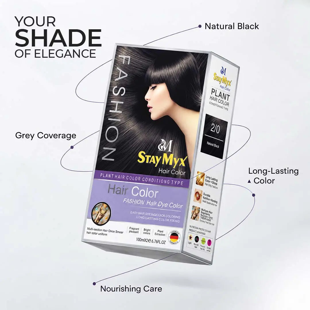 StayMyx Natural Black 2/0 hair color product packaging featuring long-lasting black hair dye, grey hair coverage, and nourishing hair care benefits.