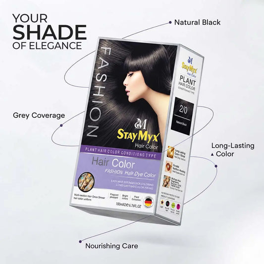 StayMyx Natural Black 2/0 hair color product packaging featuring long-lasting black hair dye, grey hair coverage, and nourishing hair care benefits.