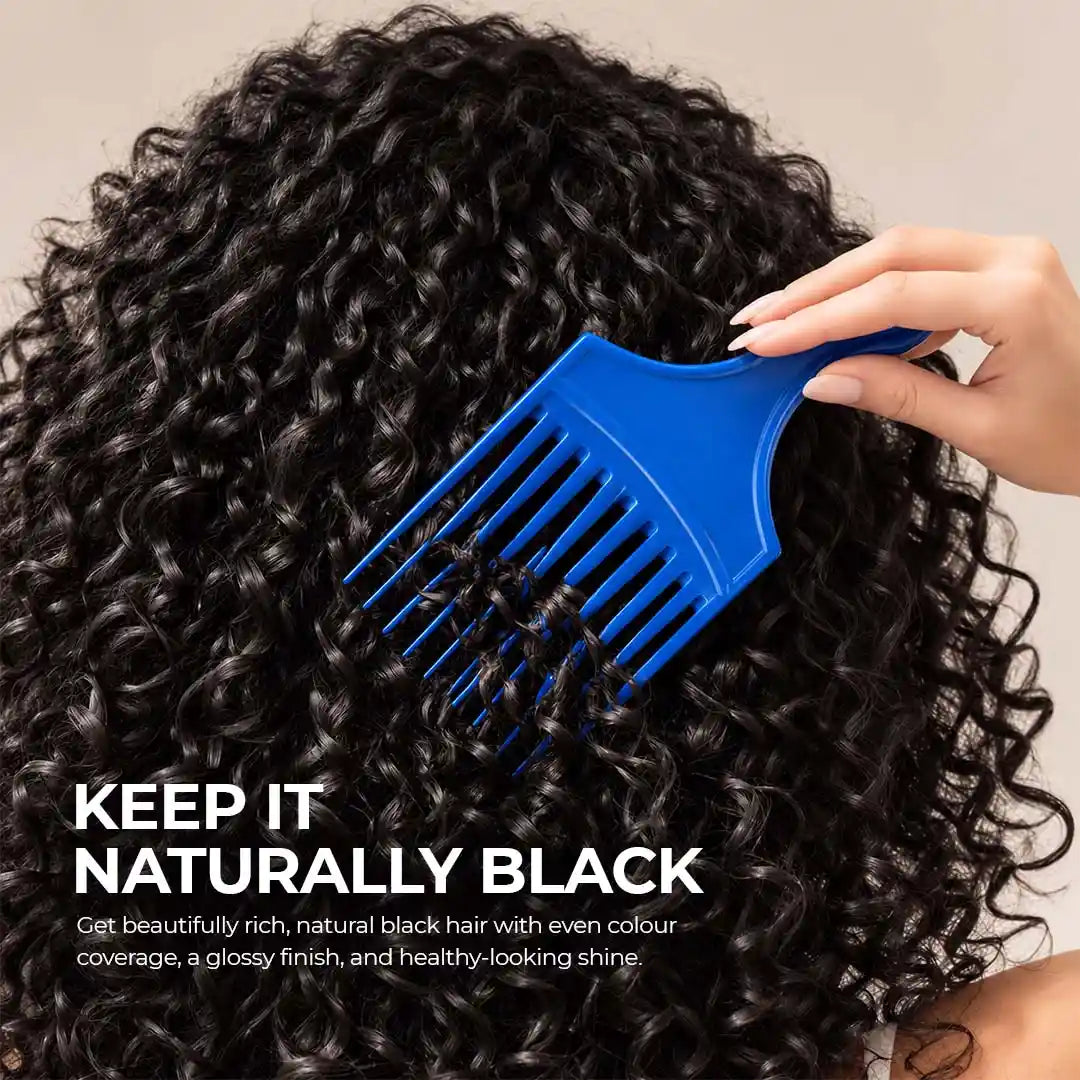 Glossy, naturally black curly hair with rich, even color, showcasing StayMyx Natural Black Hair Color for beautiful shine and healthy-looking results.