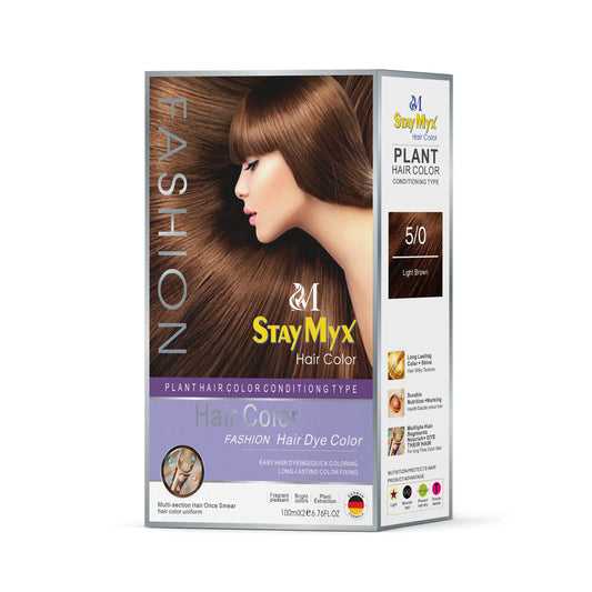 StayMyx 5/0 Light Brown Plant Hair Color, Ammonia-Free German Formula for 100% Intense Grey Coverage, Professional Salon-Quality Light Mocha Brown Hair Dye.