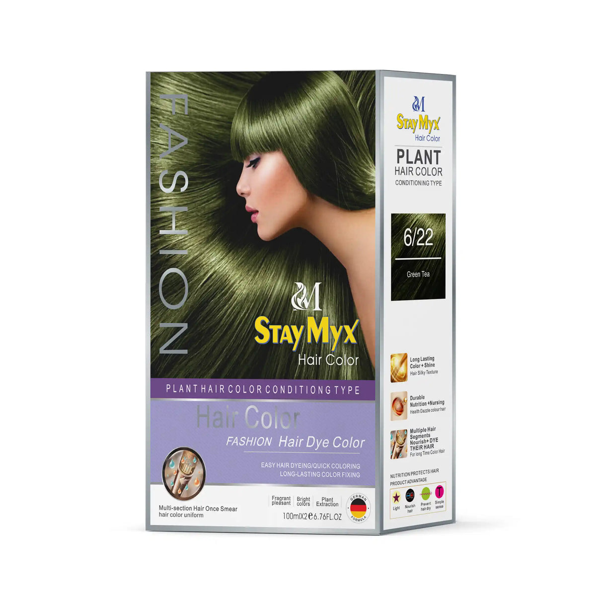 StayMyx 6/22 Green Tea Fashion Hair Color, Professional Plant-Based Conditioning Dye, German Formula for Unique Dark Green Results, Ammonia-Free Permanent Hair Color with Long-Lasting Shine and Herbal Nutrition.