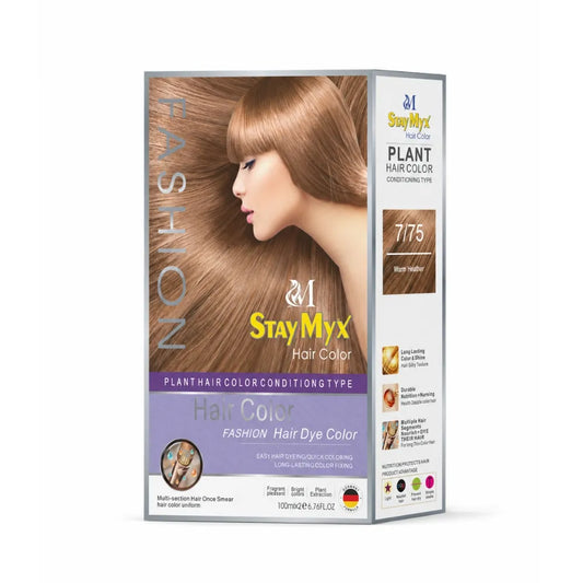 StayMyx Plant Hair Color in 7-75 Warm Heather; a professional conditioning German formula designed for radiant warm results, ultra-soft deep shine, and a comfortable application without skin staining.