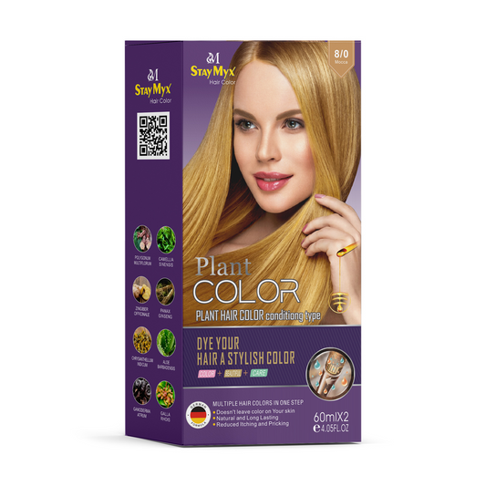 StayMyx Plant Hair Color in 8/0 Mocca, a gentle ammonia-free formula with 8 organic herbal extracts for 100% grey coverage and restored hair health.