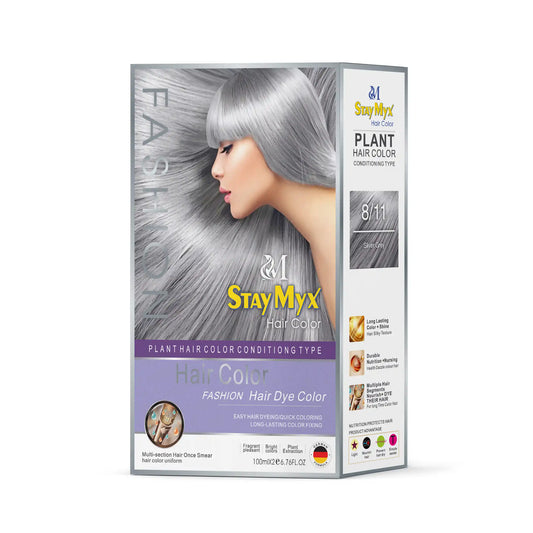 StayMyx Plant Hair Color in 8/11 Silver Grey; a professional conditioning German formula designed for a metallic silver finish, ultra-soft deep shine, and a comfortable application without skin staining.