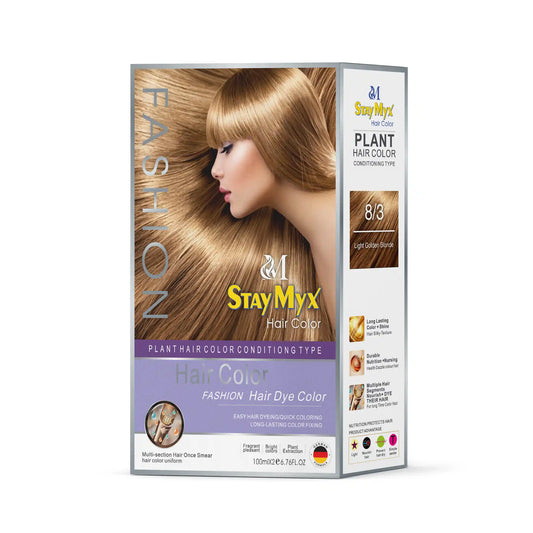 StayMyx Plant Hair Color in 8-3 Light Golden Blonde; a professional conditioning German formula designed for radiant golden results, ultra-soft deep shine, and a comfortable application without skin staining.