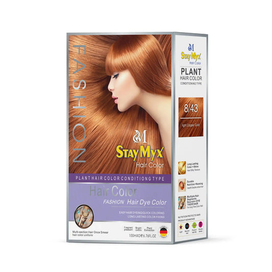 StayMyx Plant Hair Color in 8-43 Light Copper Gold; a professional conditioning German formula designed for luminous warm results, ultra-soft deep shine, and a comfortable application without skin staining.