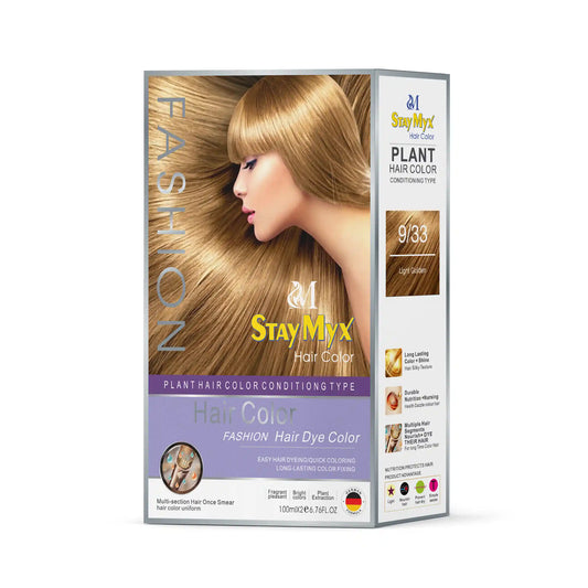 StayMyx Plant Hair Color in 9-33 Light Golden Blonde; a professional conditioning German formula designed for ultra-soft deep shine and radiant golden results without skin staining or scalp irritation.