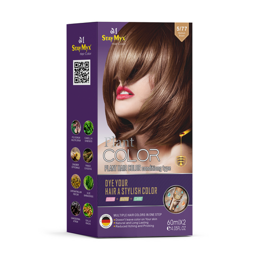 StayMyx Plant Hair Color in 5/77 Medium Brown; an ammonia-free, no-mess German formula providing 100% gray coverage and long-lasting color with skin-friendly botanical ingredients.