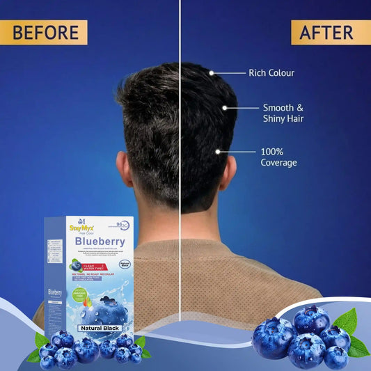 Professional hair transformation using StayMyx Natural Black hair color, showing 100% grey coverage and smooth, shiny hair.