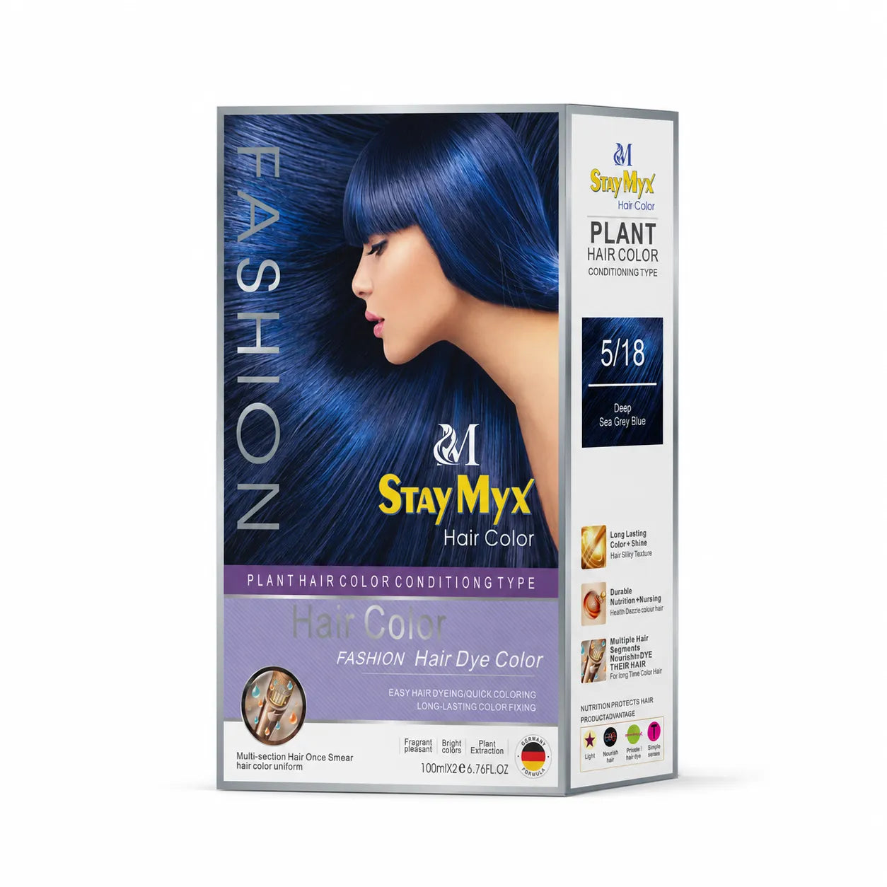 StayMyx 5/18 Deep Sea Grey Blue Plant Hair Color, Ammonia-Free German Formula for Trendy Metallic Tones, Professional Salon-Quality Grey Blue Hair Dye with Intense Shine