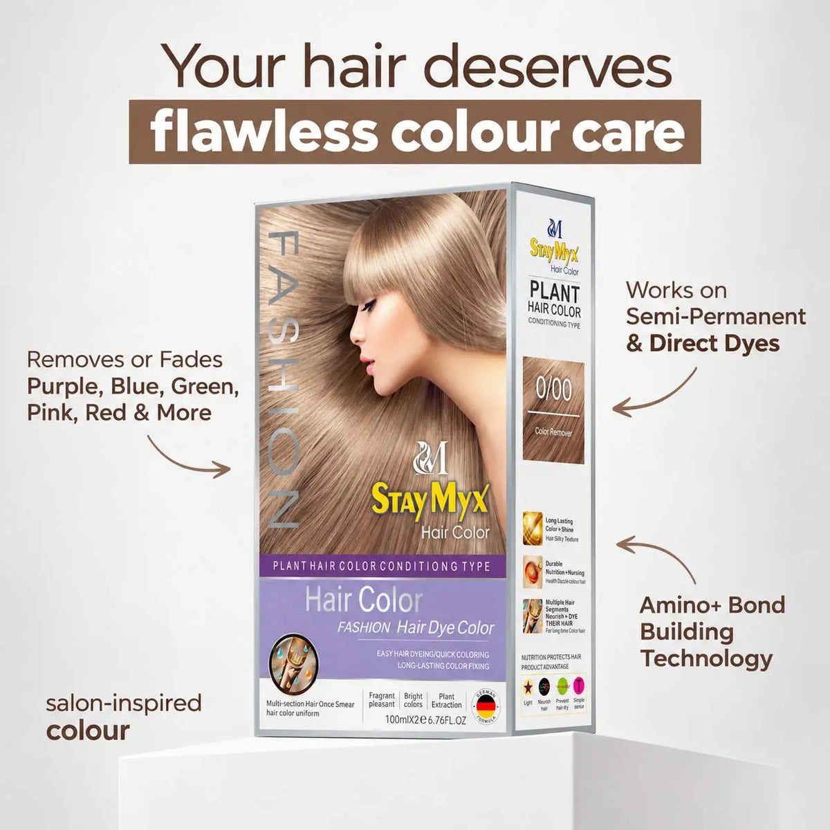 StayMyx 0/00 Hair Color Remover for fading semi-permanent and direct hair dyes, including red, blue, purple, green and pink shades.