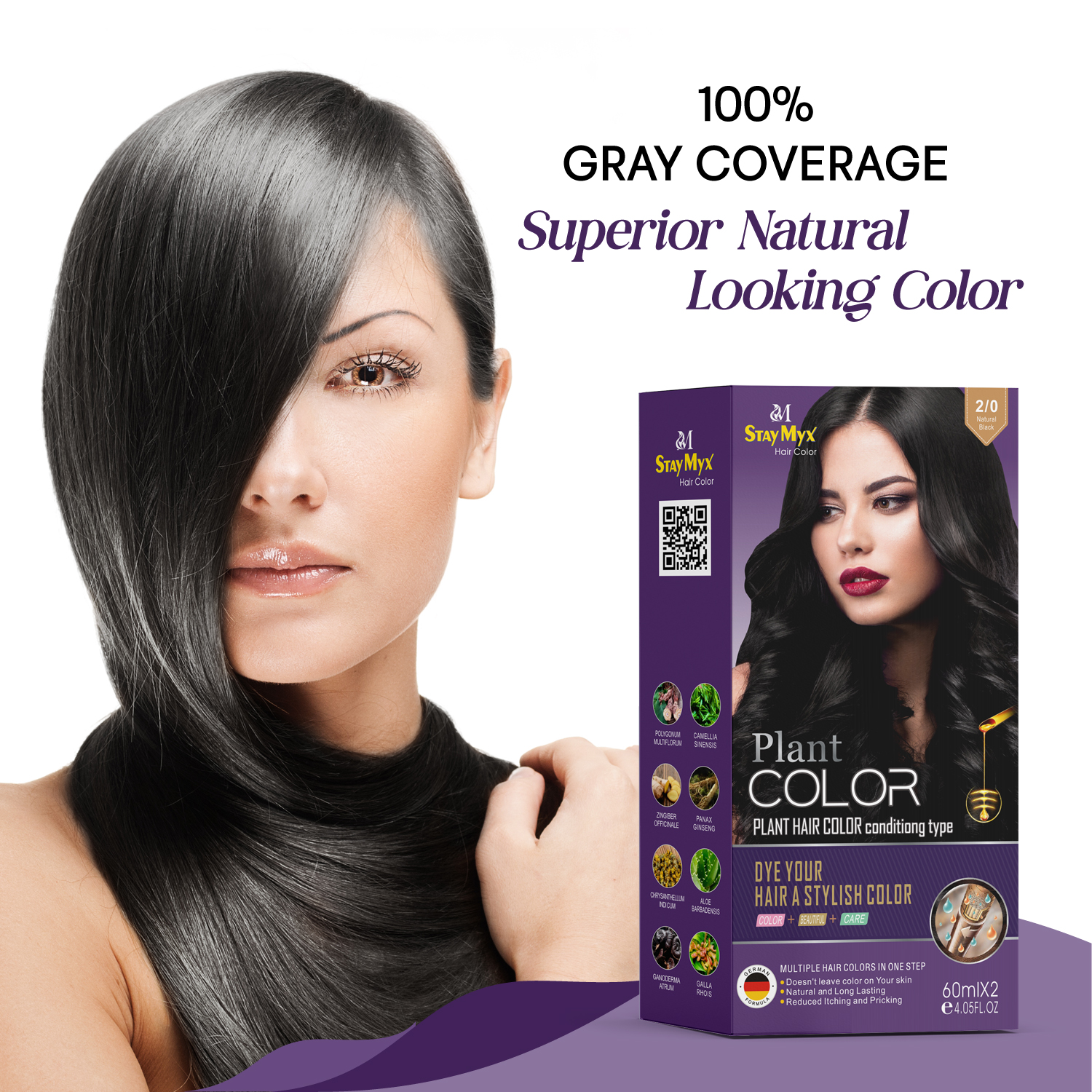 StayMyx 2/0 Natural Black Hair Color with 100% Gray Coverage, Superior Natural Looking Permanent Dye, Ammonia-Free Plant Based Formula for Shiny and Healthy Black Hair.