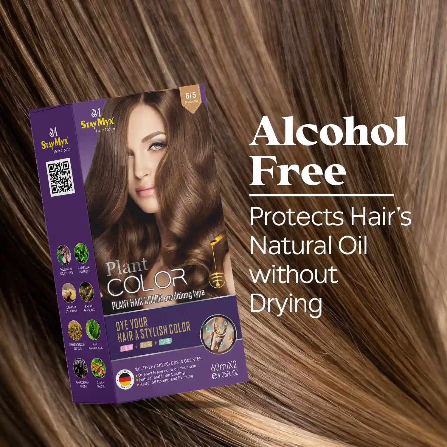 StayMyx Alcohol-Free Plant Hair Color, Ammonia-Free Dye that Protects Hair's Natural Oil without Drying, Professional 6/5 Mahogany Shade with German Formula for Healthy Silkier Hair.
