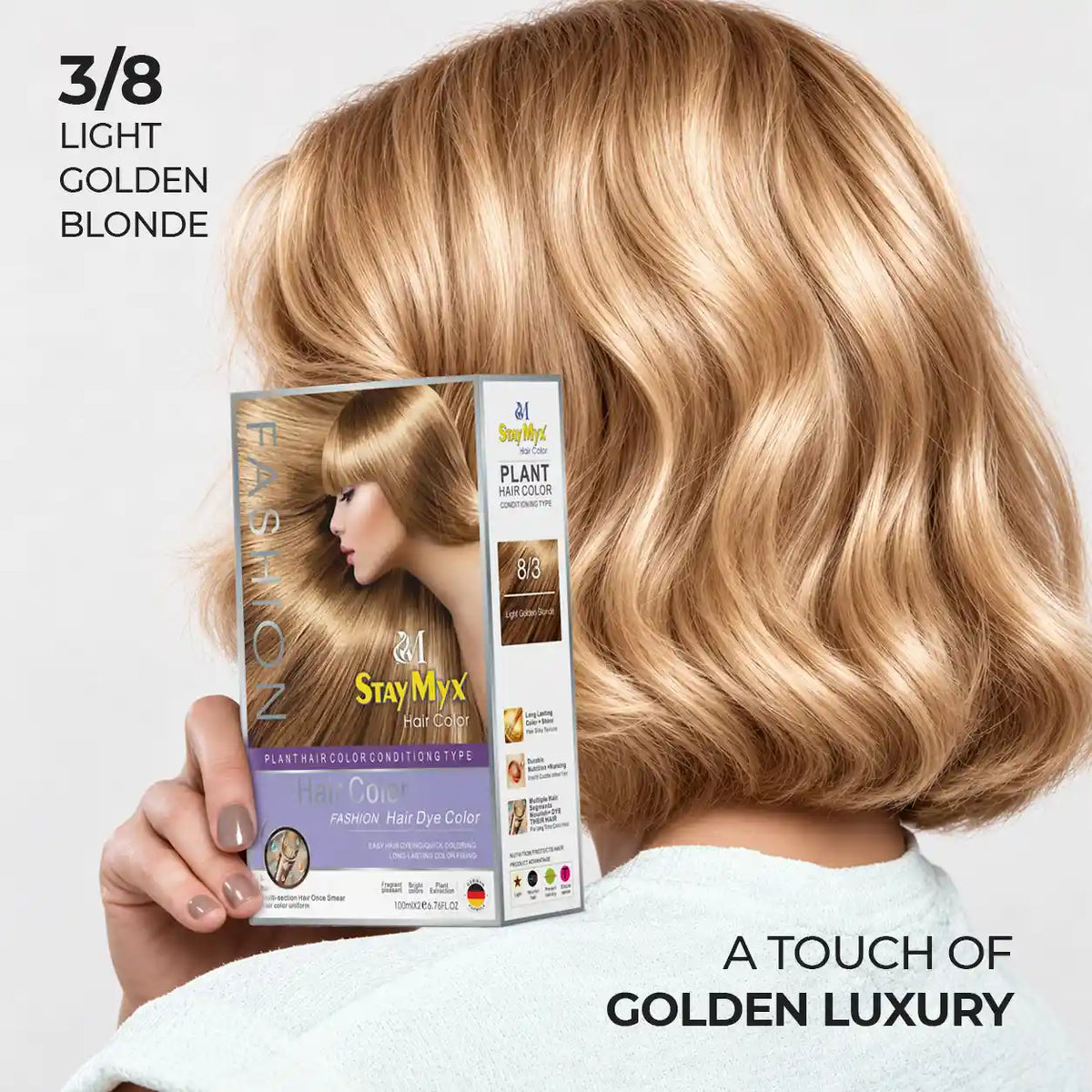 StayMyx 3/8 Light Golden Blonde hair dye packaging with a model showcasing shiny, soft golden blonde hair.