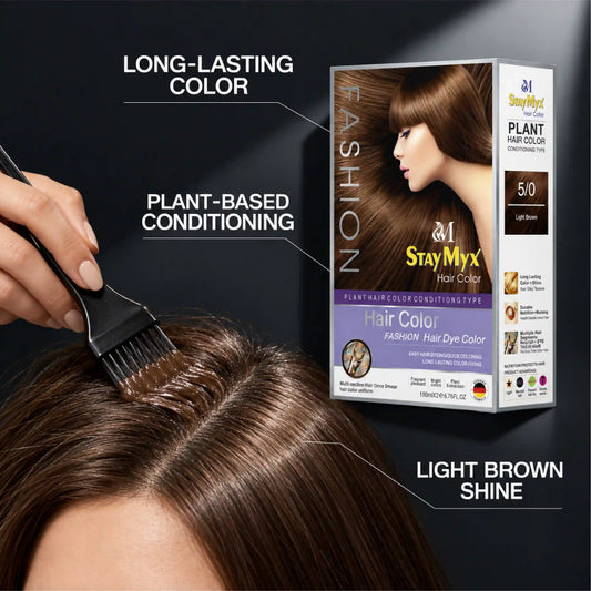 StayMyx 5/0 Light Brown Plant Hair Color with long-lasting color, plant-based conditioning, and a natural-looking, glossy brown finish.