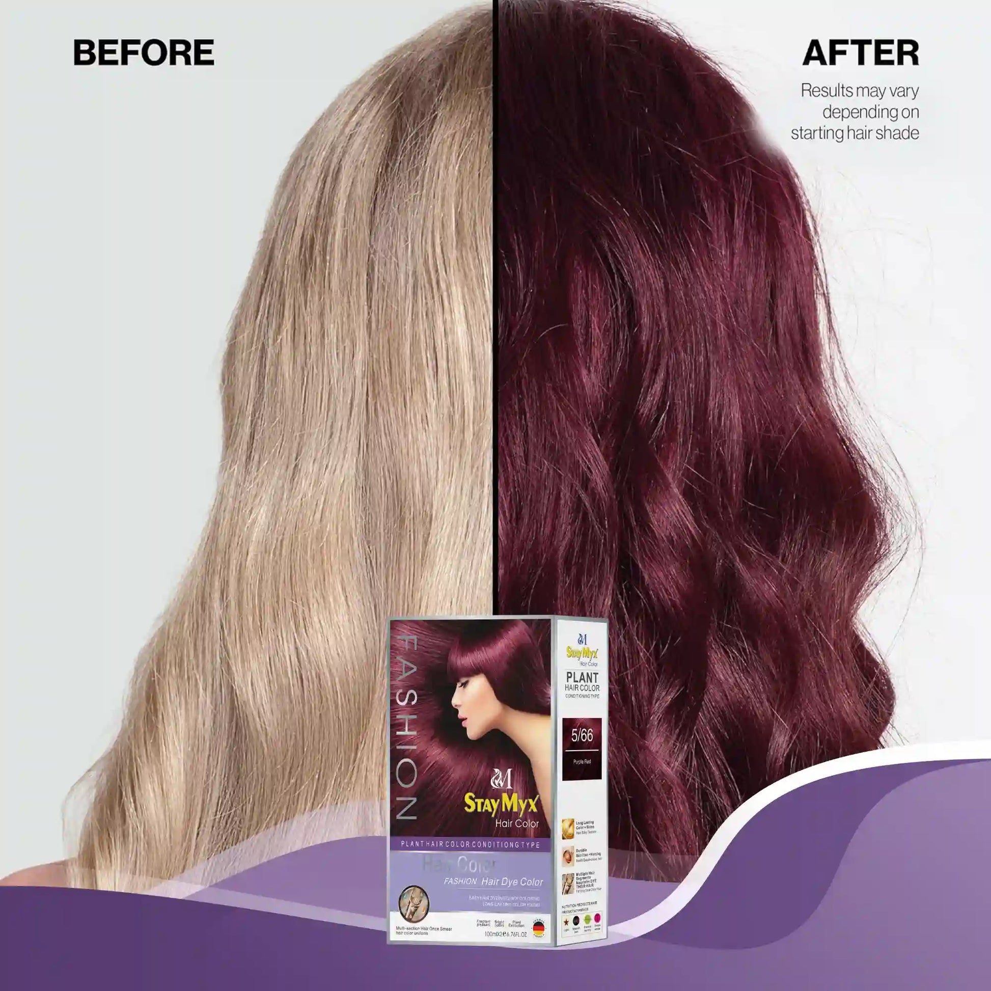 StayMyx 5/66 Purple Red Hair Color Before and After, Vibrant Burgundy Wine Transformation from Blonde to Deep Red, Professional Ammonia-Free German Formula for Intense Fashion Tones.