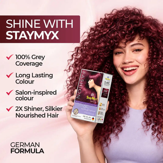 StayMyx 5/66 Purple Red Hair Color featuring vibrant burgundy curls, long-lasting color, grey coverage and salon-inspired shine.