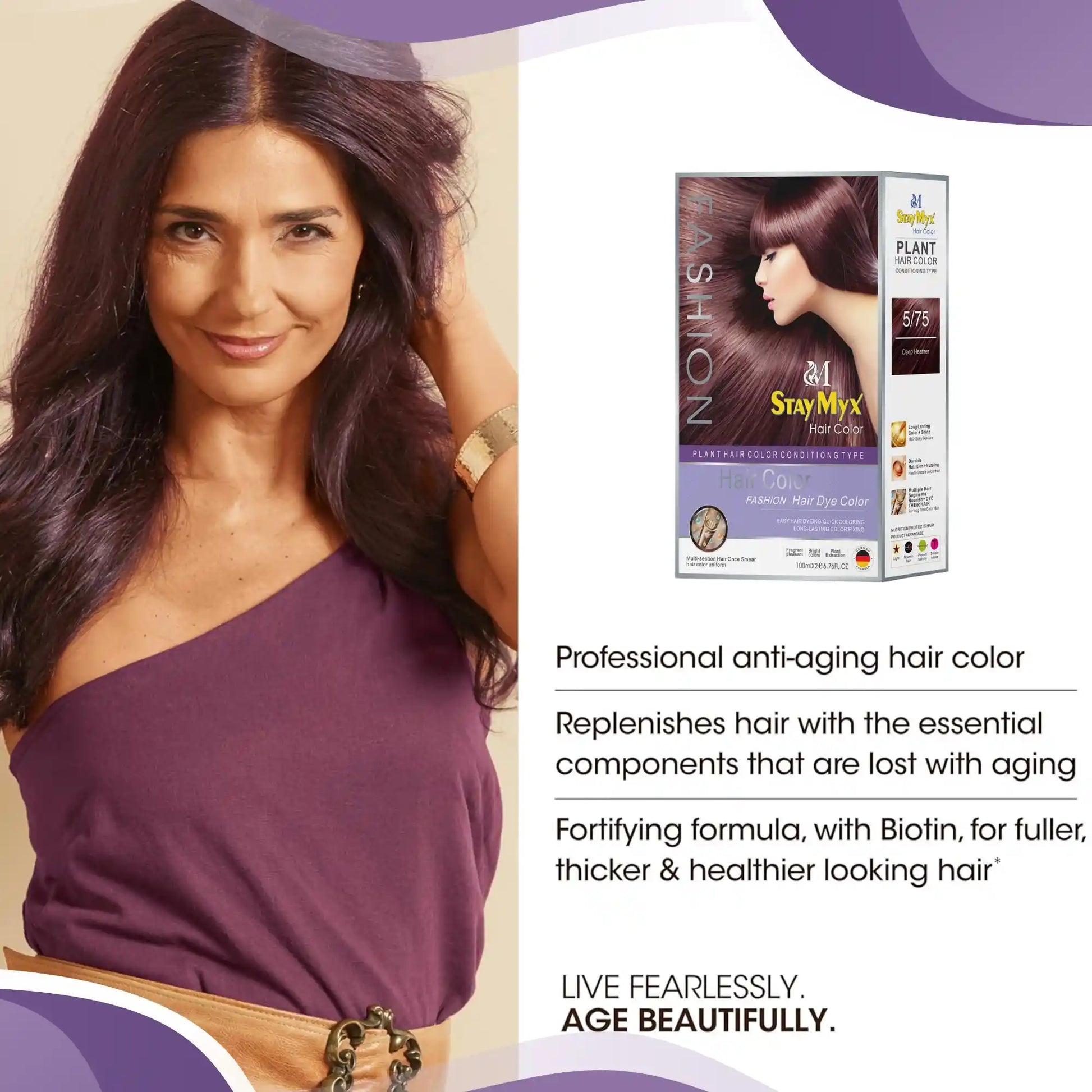 StayMyx 5/75 Deep Heather Anti-Aging Hair Color, Fortifying Formula with Biotin for Thicker and Healthier Hair, Professional Ammonia-Free German Dye for 100% Grey Coverage.