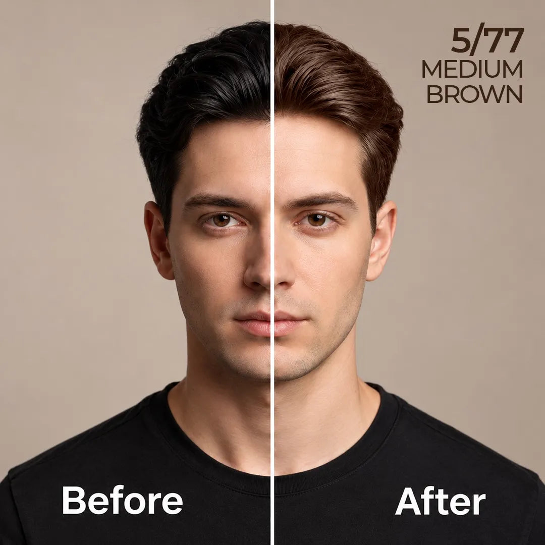 Before and after comparison showing men's black hair transformed into medium brown with StayMyx 5/77 Medium Brown hair color.