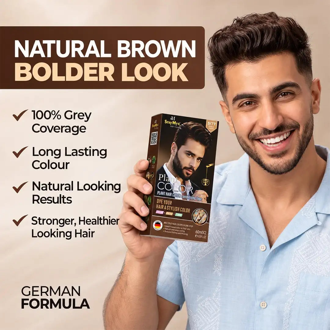 Man holding StayMyx 5/77 Medium Brown hair color box, featuring German formula, grey coverage and natural-looking brown hair results.