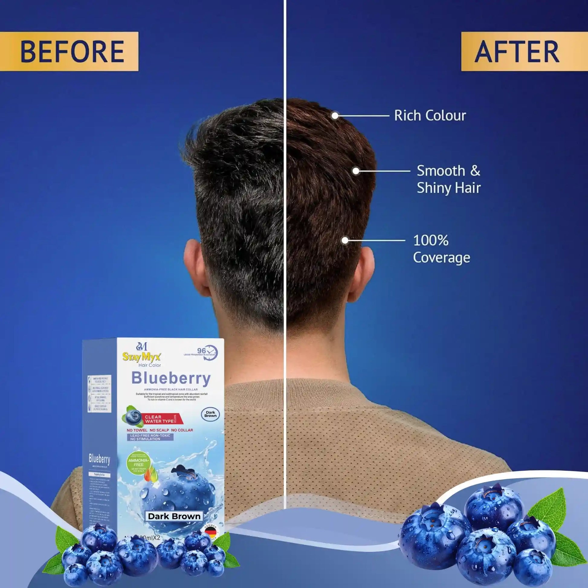Before and after transformation using StayMyx Dark Brown 500ml hair color, showing rich brown tone, shiny hair, and 100% grey coverage.