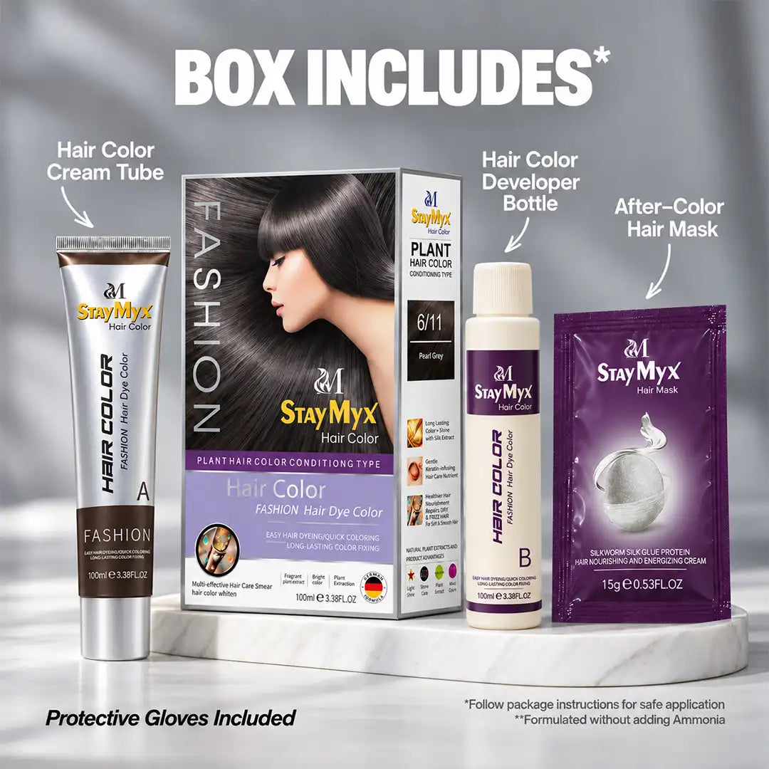 StayMyx 6/11 Pearl Grey Plant Hair Color kit featuring hair dye cream, developer bottle, after-color hair mask and protective gloves. Ammonia-free formula.