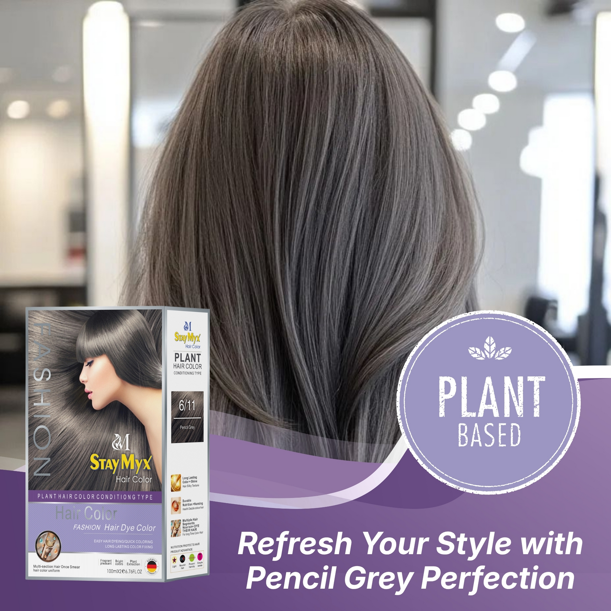 StayMyx 6/11 Pencil Grey Hair Color Result, Plant-Based Permanent Dye for Metallic Ash Hair Style, Professional Ammonia-Free Silver Grey Finish with Long-Lasting Shine.


