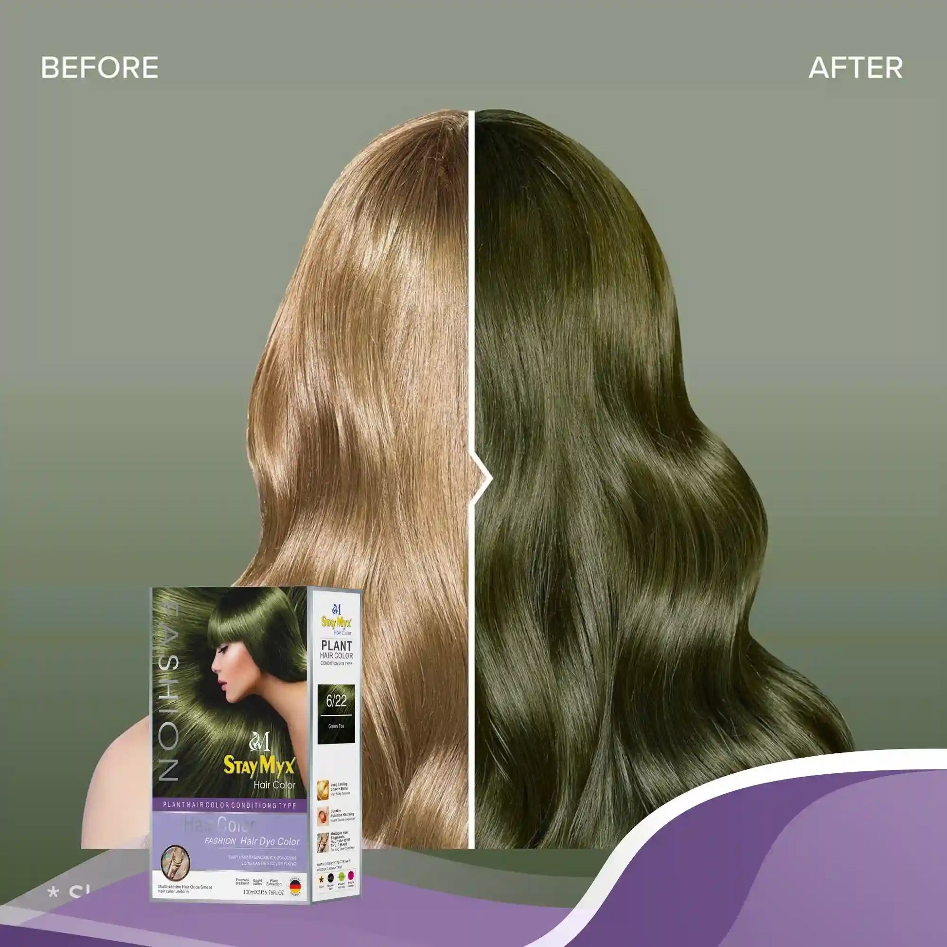 StayMyx Plant Hair Color in 6/22 Green Tea; a professional conditioning German formula designed for cool matte results, ultra-soft deep shine, and a comfortable application without skin staining.