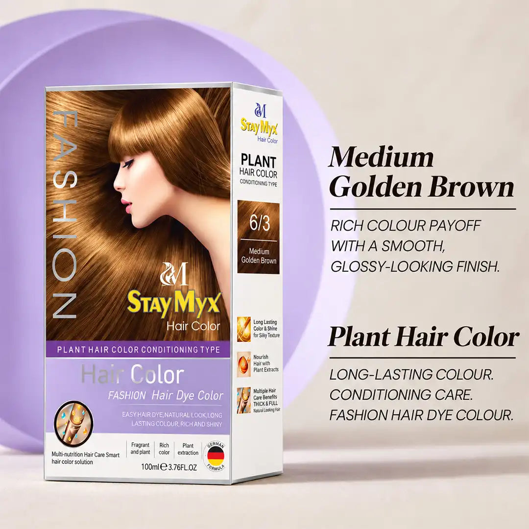 StayMyx Plant Hair Color 6/3 Medium Golden Brown with German formula, rich golden brown tones, long-lasting colour and a smooth, glossy-looking finish.