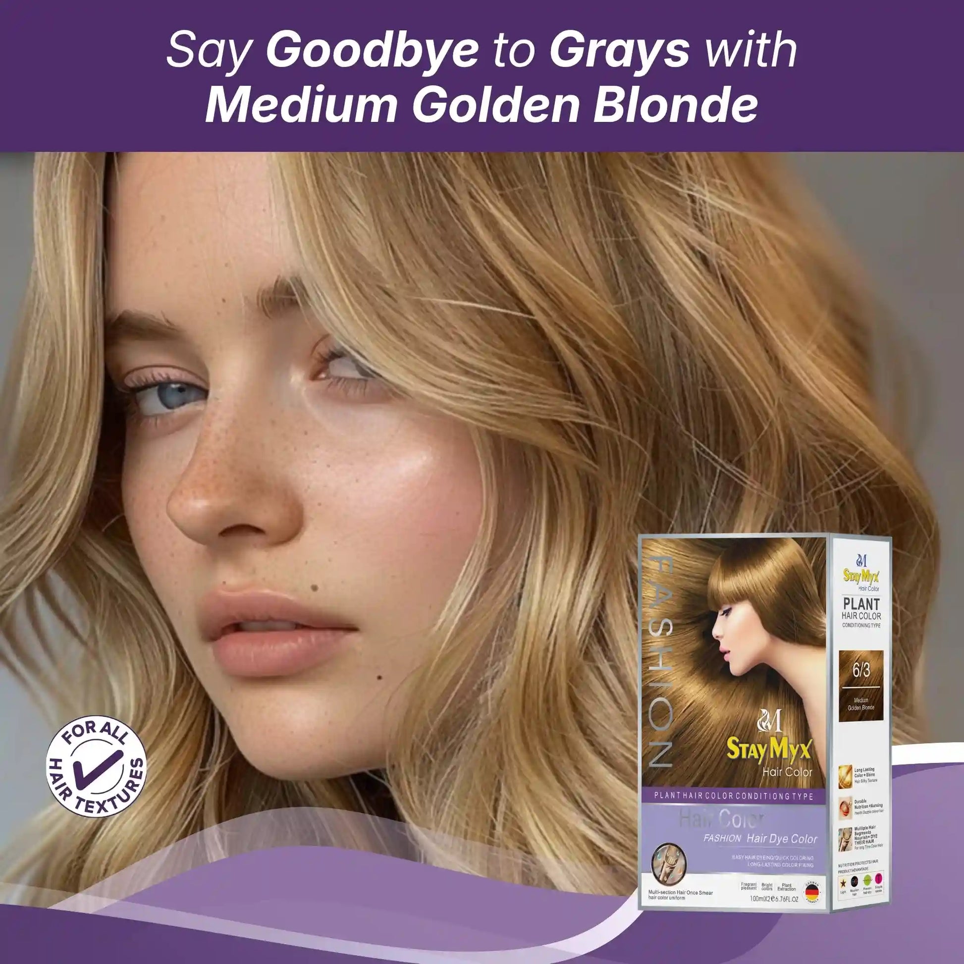 StayMyx 6/3 Medium Golden Blonde Hair Color for 100% Grey Coverage, Sun-Kissed Honey Blonde Results for All Hair Textures, Professional Ammonia-Free German Plant-Based Dye.