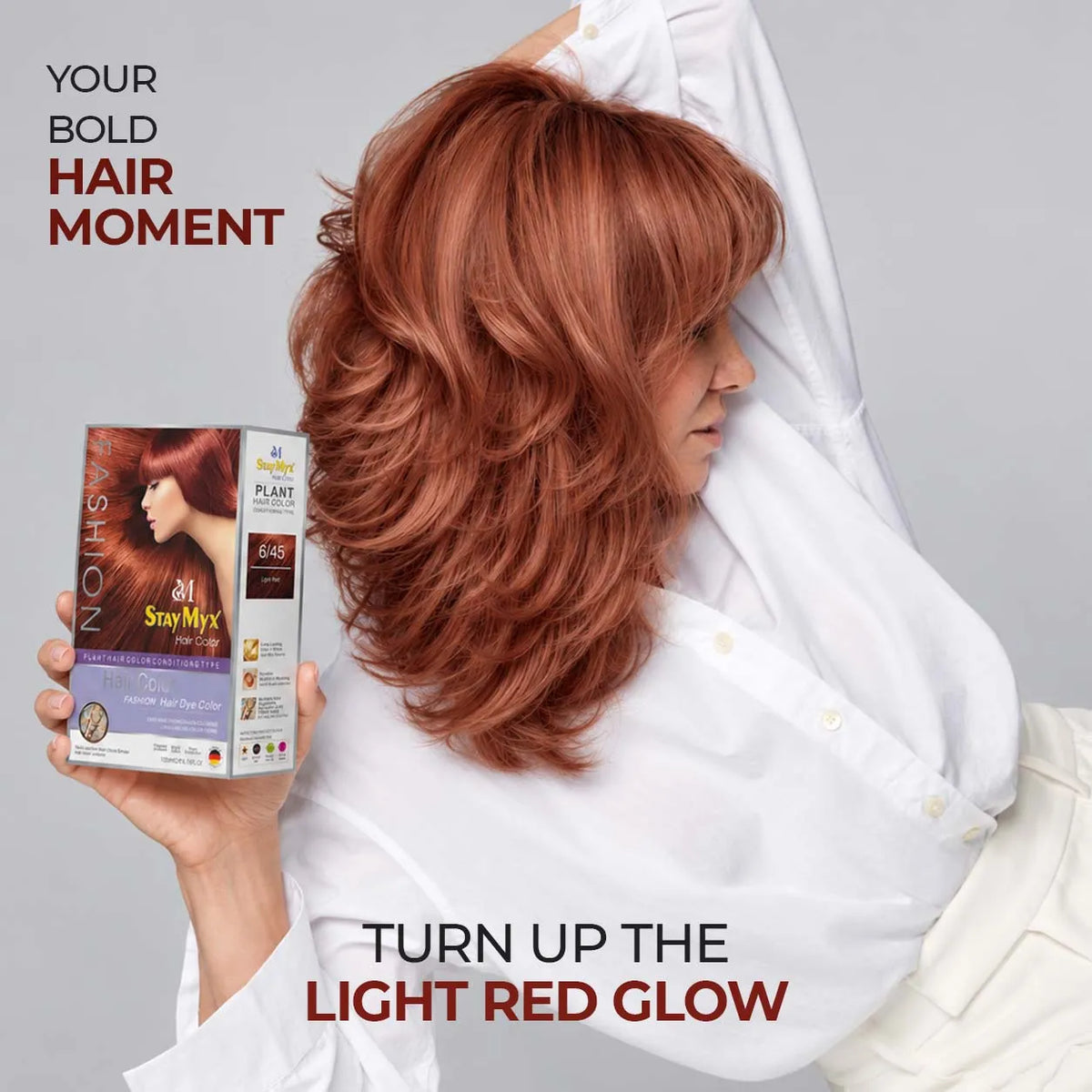 StayMyx 6/45 Light Red Hair Color featuring a model with vibrant, shiny red hair holding StayMyx plant-based hair dye packaging.