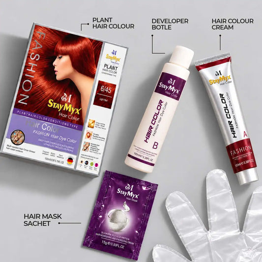 StayMyx 6/45 Light Red Hair Dye Kit with plant hair color, developer bottle, hair color cream, nourishing hair mask sachet and gloves.