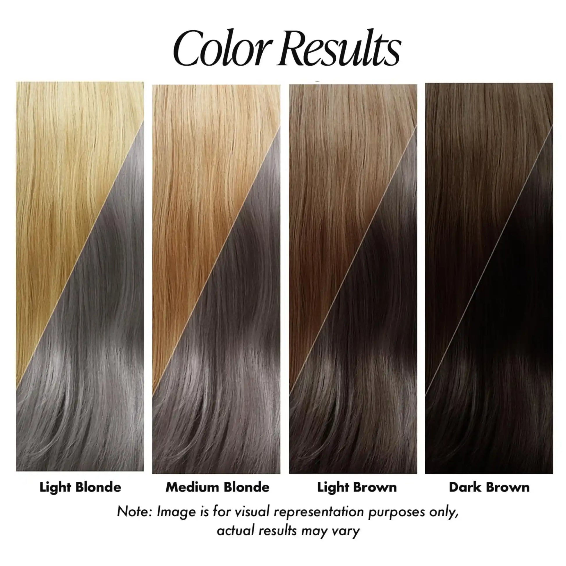 StayMyx Ash Hair Color Results Comparison Chart, Showing Silver Grey and Cool-Tone Effects on Light Blonde, Medium Blonde, Light Brown, and Dark Brown Hair Bases.