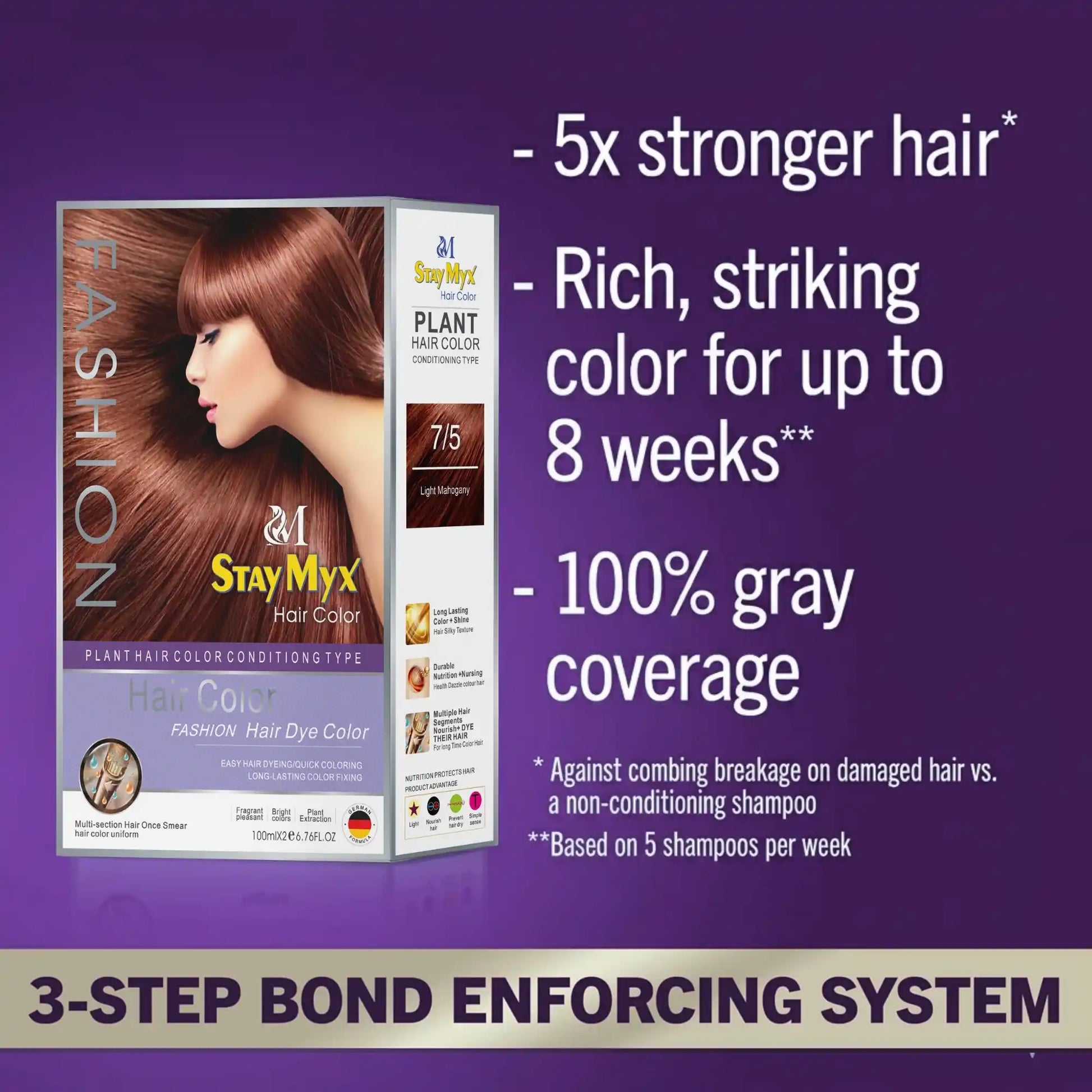 StayMyx Plant Hair Color in 7/5 Light Mahogany; a professional conditioning German formula designed for elegant reddish-brown results, ultra-soft deep shine, and a comfortable application without skin staining.