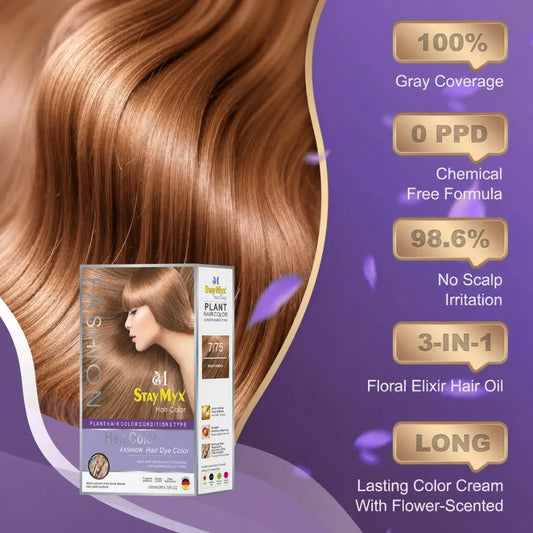 StayMyx Plant Hair Color in 7-75 Warm Heather; a professional conditioning German formula designed for radiant warm results, ultra-soft deep shine, and a comfortable application without skin staining.