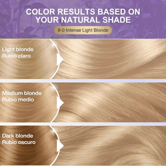 StayMyx Plant Hair Color in 8-0 Intense Light Blonde; a professional conditioning German formula designed for natural-looking light blonde results, ultra-soft deep shine, and a comfortable application without skin staining.