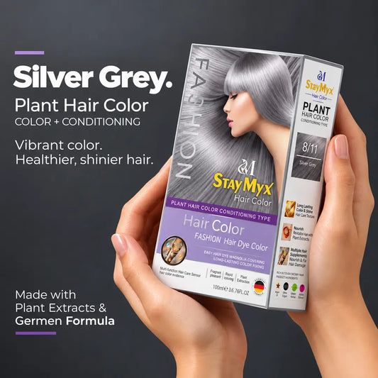 StayMyx 8/11 Silver Grey Plant Hair Color with German formula and plant extracts, offering vibrant silver grey tones, long-lasting color and conditioning care.
