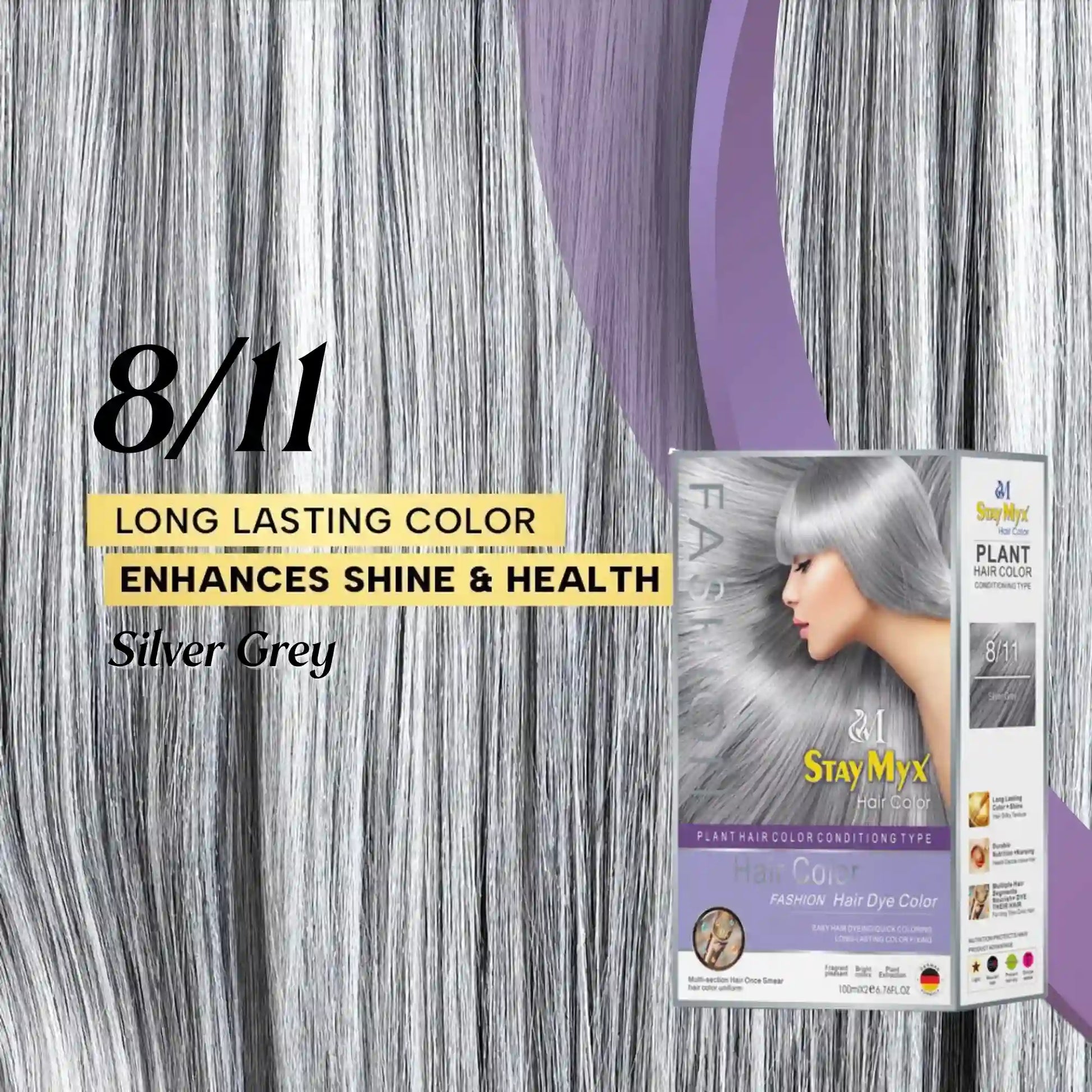 StayMyx Plant Hair Color in 8/11 Silver Grey; a professional conditioning German formula designed for a metallic silver finish, ultra-soft deep shine, and a comfortable application without skin staining.