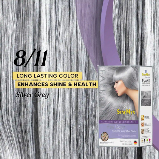 StayMyx Plant Hair Color in 8/11 Silver Grey; a professional conditioning German formula designed for a metallic silver finish, ultra-soft deep shine, and a comfortable application without skin staining.